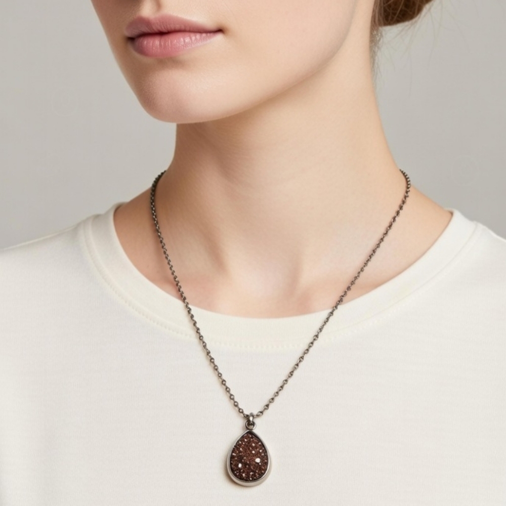 Brown Teardrop Druzy Pendant Necklace Silver Tone Chain Boho Earthy Sparkle